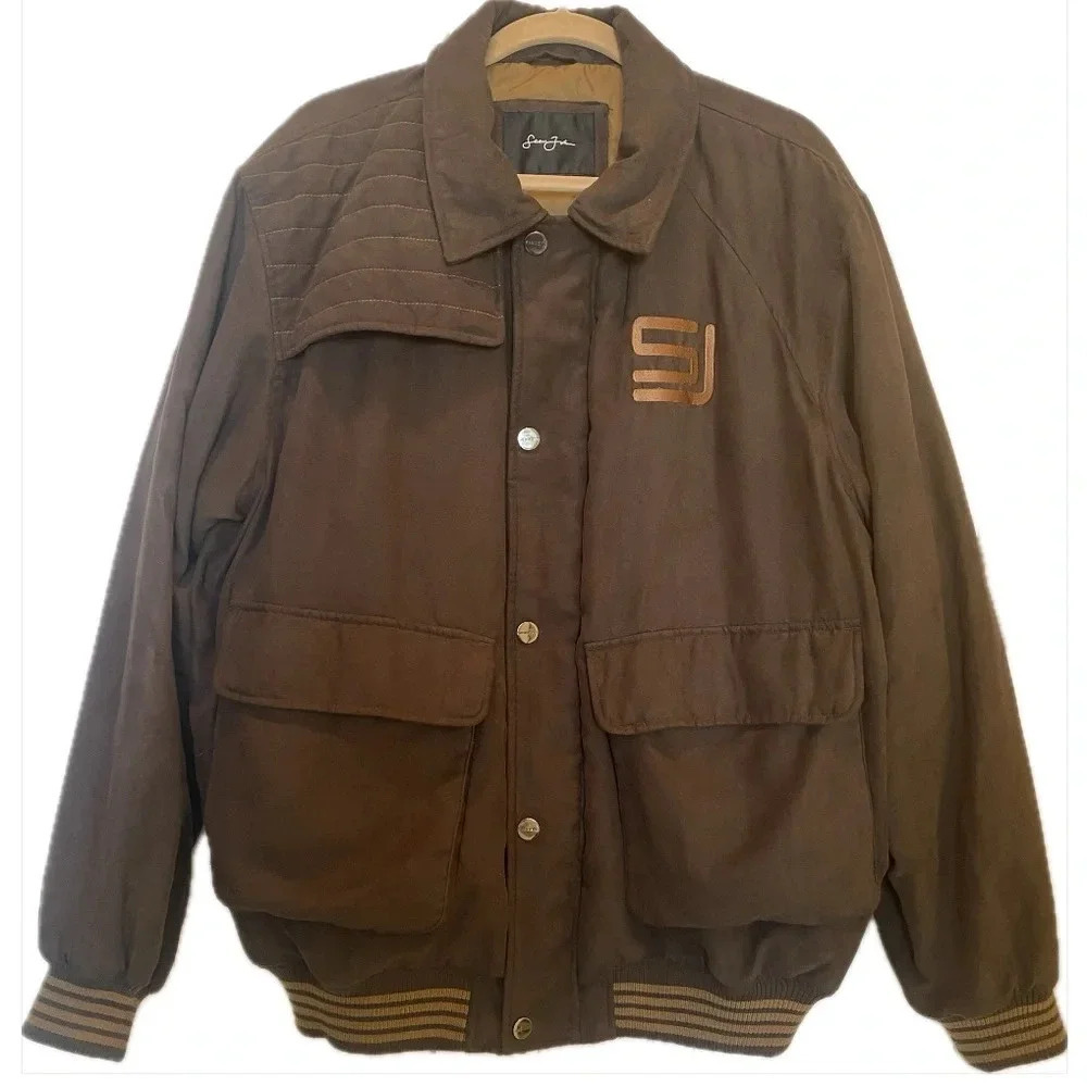 Sean John Men's Faux Suede Fabric Bomber Warm Zip Urban Coat Jacket Brown L EUC